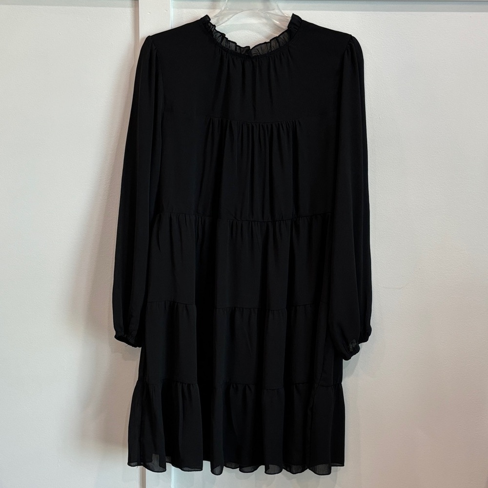 Women's Black Tiered Long-Sleeve Dress with Ruffle Neck